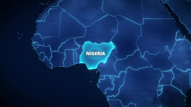 Glowing digital map of Nigeria, Africa with a bright cyan highlight, neon borders, and typography, ideal for a broadcast news opener or corporate presentation backdrop.

