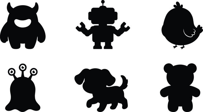 Cute Animal, Robot, Monster, Alien, Puppy, Teddy Bear, and Chicken Silhouette Icon Collection for Kids, Cartoon, and Mascot Vector Designs