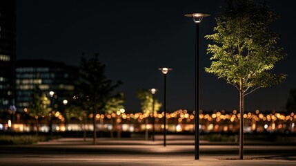 Fototapeta premium Illuminated trees and lampposts line a path at night with distant city lights