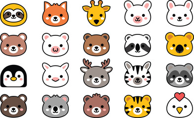 Fototapeta premium Cute Animal Avatar Icon Set Featuring Kawaii Style Bear, Tiger, Giraffe, Sloth, and Penguin Faces for Children Graphic Designs, Stickers, and App Interfaces