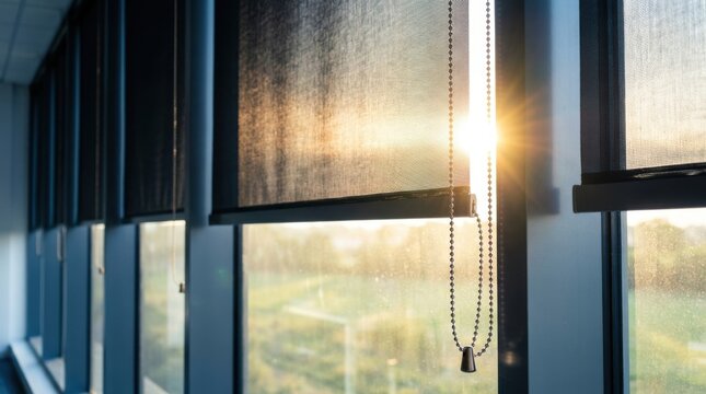 Sunlight streaming through office window blinds