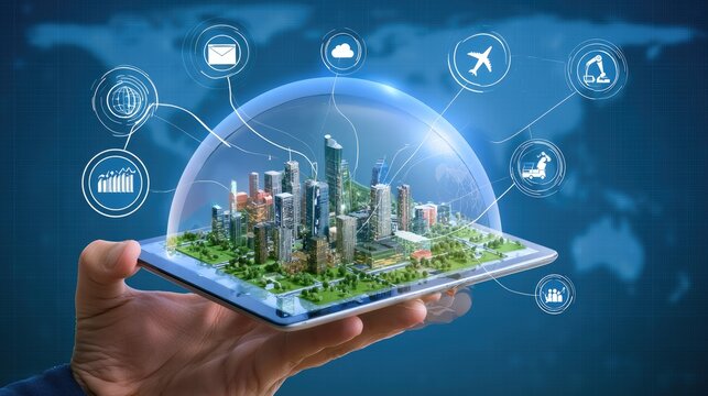 Hand holds tablet displaying futuristic city model under digital dome
