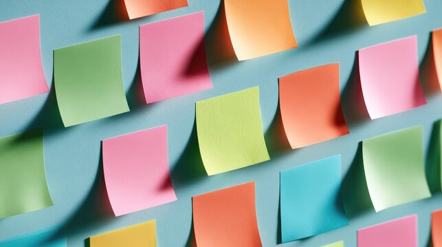 Colorful sticky notes arranged in a patterned grid on a light blue background