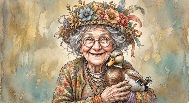 Comical illustration of an eccentric senior woman, artistic watercolor style with airbrush details, wearing a flower hat, hugging a small duck, warm tones, high detail, artistic character concept.