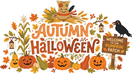 Naklejka premium Fall harvest and Halloween celebration banner with jack-o-lantern pumpkins, autumn leaves, scarecrow, and lettering composition