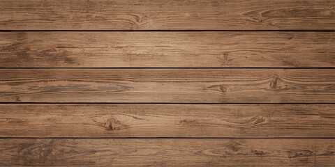 Fototapeta premium Rustic brown horizontal wooden plank texture background with natural wood grain, weathered timber boards, vintage distressed wood surface, detailed knots, authentic timber pattern.