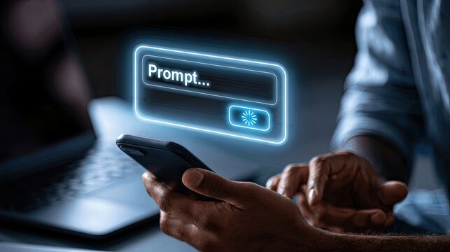 A person uses a smartphone with a glowing digital prompt and loading icon on screen