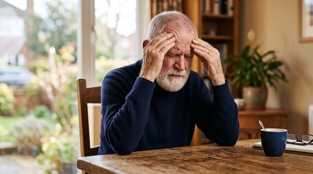 Senior man holding head in despair while sitting at wooden table. Elderly male experiencing memory loss, dementia or confusion.