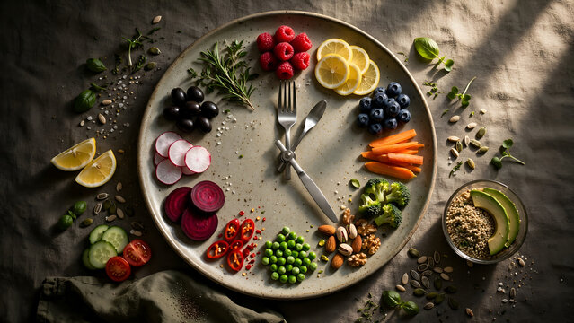 Colorful food and cutlery arranged in the form of a clock on a plate. Intermittent fasting, diet, weight loss, lunch time concept.