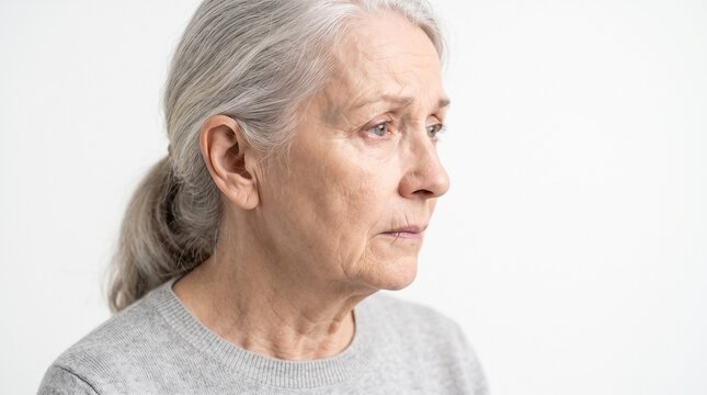 Elderly woman with gray hair looking away with sad expression. Sadness and confusion of senior lady . Concept of dementia, memory loss and aging health decline.
