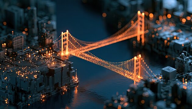 Illuminated suspension bridge connects futuristic cityscapes across dark water