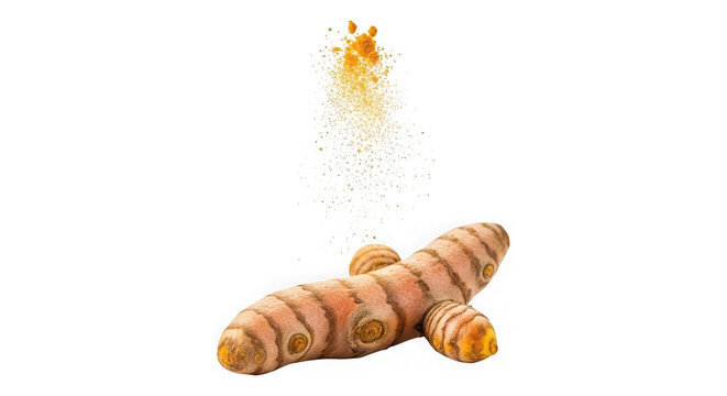 Fresh turmeric root with yellow powder falling from above