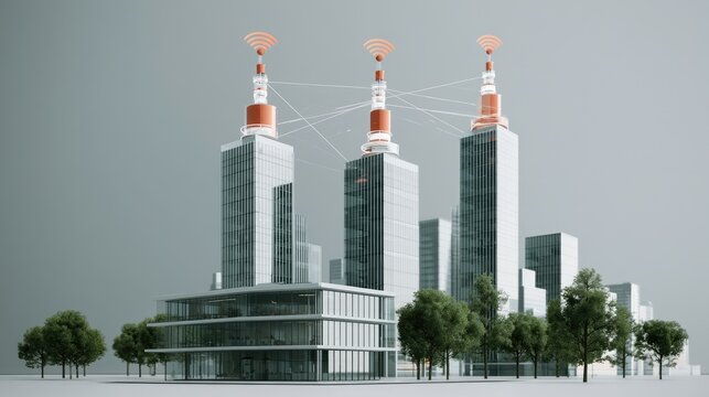 Modern towers with antennas connect a city with wireless signals