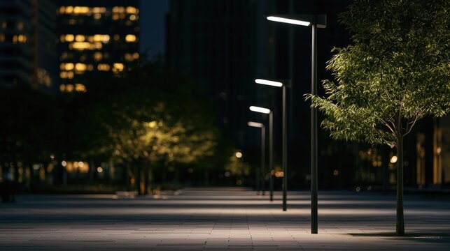 Illuminated pathway through a tranquil urban park at dusk, soft lights
