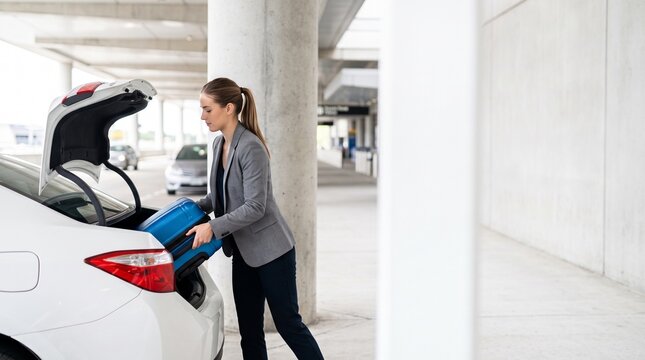 Woman putting suitcase into car trunk at airport parking. Business traveler preparing for flight. Transportation and travel logistics concept for professional on trip.