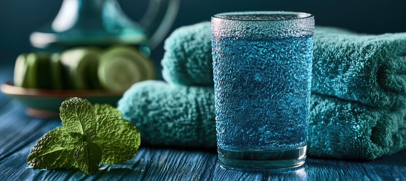 Refreshing blue drink with mint and spa towels on a wooden surface