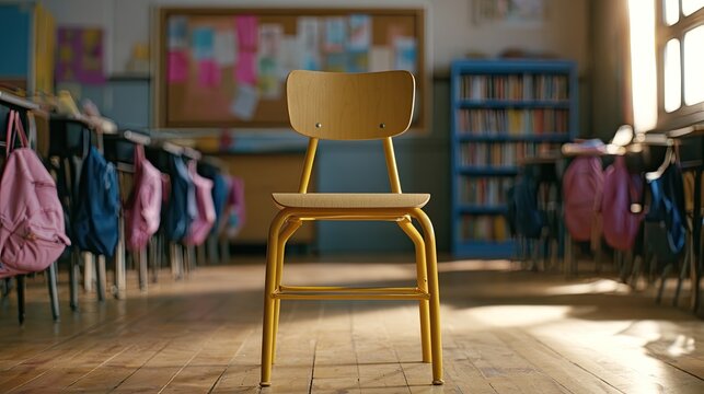 Empty classroom with wooden chair in center, backpacks on hooks