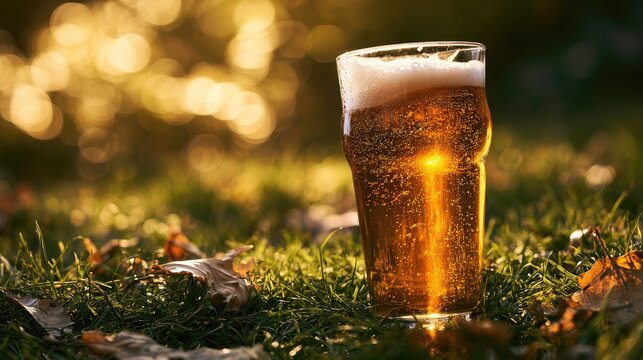 Golden ale in a glass sits in sunlit grass with autumn leaves