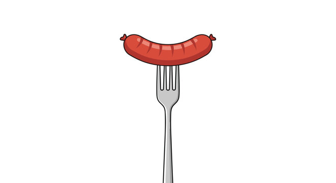 Grilled red sausage skewered on a classic silver fork shown in a simple cartoon style on a white background.