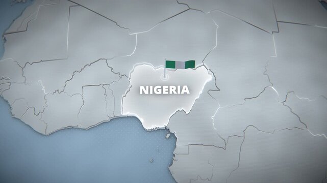 A 3D extruded map of Nigeria, West Africa, featuring a glowing border, a waving national flag, and typography, designed for a horizontal broadcast news opener or documentary presentation backdrop.
