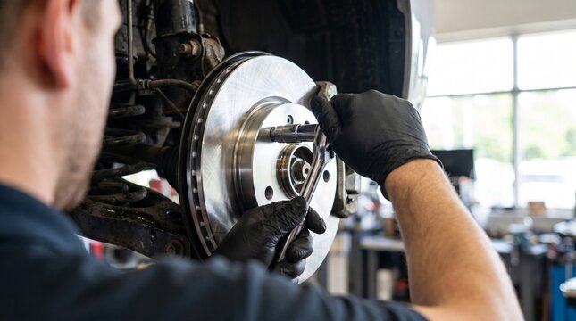Mechanic repairing vehicle disc brake in auto repair shop. Man using wrench to fix brake system. Automotive maintenance service, car safety inspection and professional workshop concept.