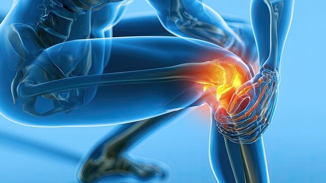 3D anatomical rendering of a human knee joint showing inflammation and pain