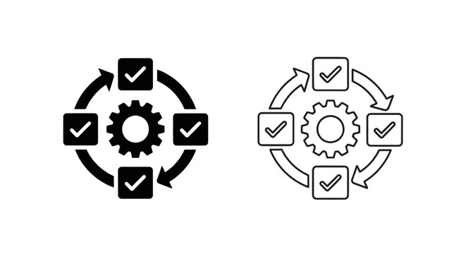 Vector illustration of gear with check marks in a circular process flow icon set on a transparent background