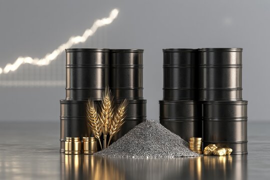 Metal, grain, and oil barrels represent commodities against rising market trend