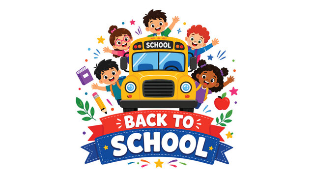 Back to School Cartoon Illustration Featuring Happy Children Around School Bus with Colorful Ribbon Typography Isolated on White Background for Education and Classroom Design