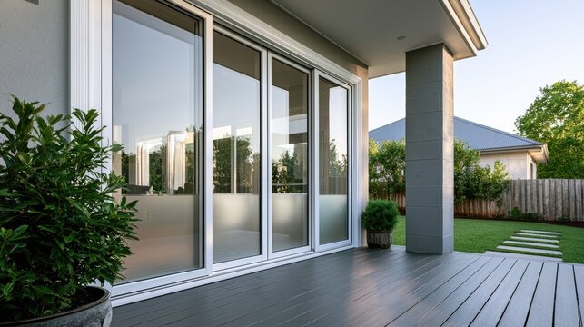 Modern home extension with large sliding doors opening onto a spacious deck and garden