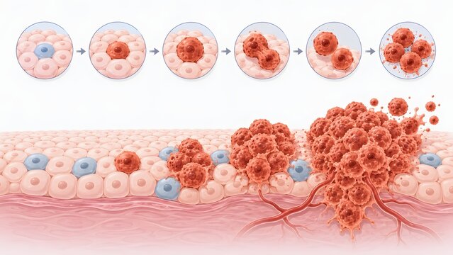 Illustration depicting the growth and spread of cancer cells. The top row shows a chronological progression of cell division.