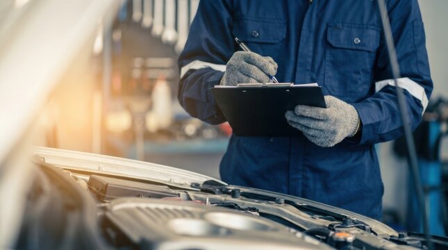 Professional mechanic writing inspection report on clipboard in garage