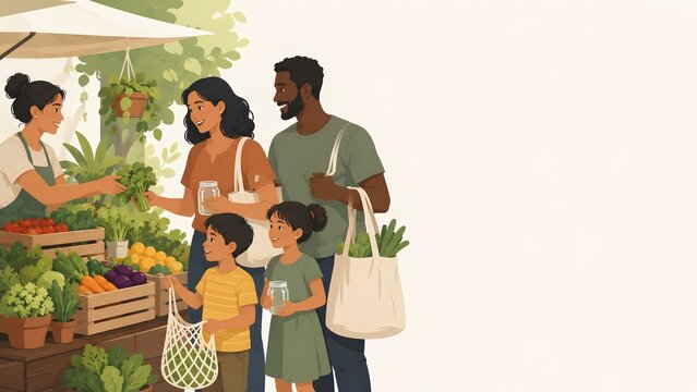 A family enjoys a healthy shopping experience at an outdoor farmers' market, choosing fresh produce. A vendor serves a mother and father, while their two children stand beside them.