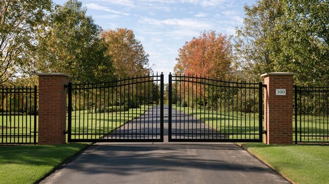 Elegant metal gates guard a long driveway leading to a home