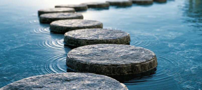 Stepping stones create a path across calm, blue water with ripples