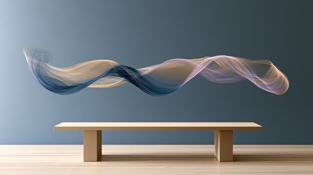 Ethereal flow of color hovers above a minimalist wooden platform
