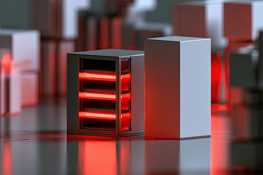 Futuristic server racks with glowing red lights in a digital landscape