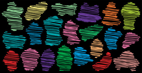 A collection of colorful, abstract, scribbled shapes on a black background, representing creativity and diversity. © Riki