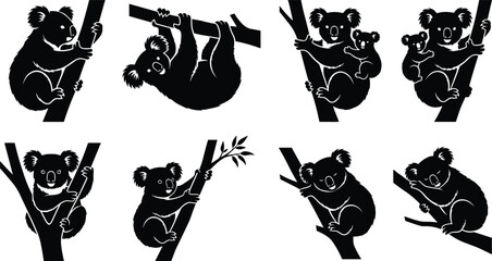 Cute Koala Bear Silhouette Vector Set Featuring Australian Wildlife Climbing Eucalyptus Trees For Children Book Illustrations Nature Badges And Graphic Designs © Shahanaj