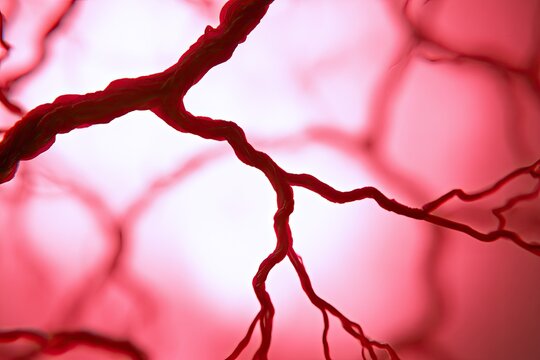 Close-up of branching, intricate, red biological structures against a soft glow