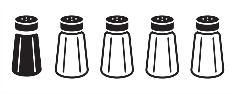 Five salt and pepper shakers four outline bottles one solid black with caps and holes for spices.