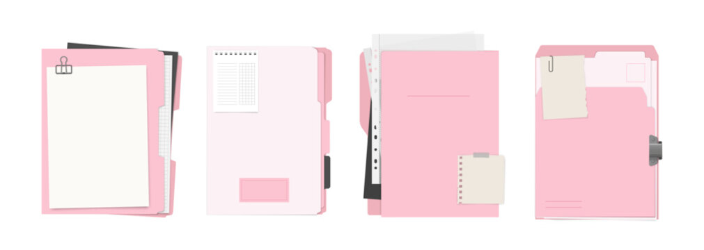 Pink document folders with paper clips and notes. Vector design templates. A set of vector mockups featuring pink folders.