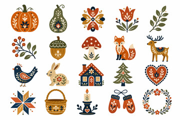 Fototapeta premium Scandinavian Folk Pumpkin and Autumn Icon Pack Vector