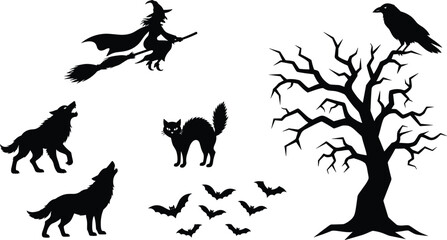 Naklejka premium Halloween Silhouette Vector Set Featuring Witch Flying on Broom, Howling Wolves, Black Cat, Bats, Raven, and Dead Tree for Spooky Design Projects