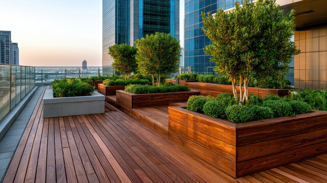 Rooftop garden wooden deck modern planter green shrub city skyline urban terrace sunset light glass railing outdoor space contemporary design rooftop garden with wooden deck and modern planter