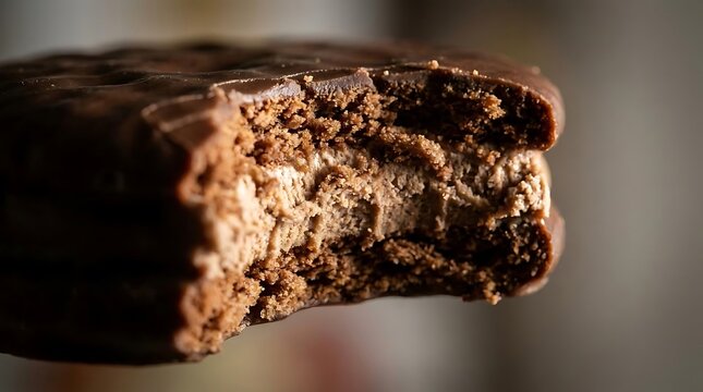 A close-up shot of a delicious chocolate covered oreo cookie featuring a visible bite mark that reveals the crunchy cocoa biscuit and creamy center filling