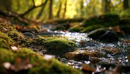 Fototapeta premium Gentle forest stream flows over mossy rocks, autumn leaves scatter on shore