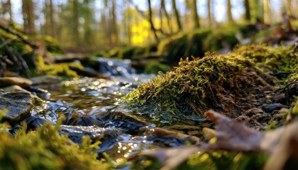 Fototapeta premium Sunlight filters through trees onto a shallow stream flowing over mossy rocks