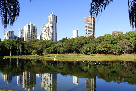 Paisagem do Parque Vaca Brava em Goiania, com um lago de &aacute;guas l&iacute;mpidas, muitas &aacute;rvores e predios ao fundo em um dia claro, de ceu azul.