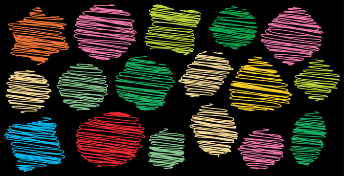 A collection of colorful, abstract, scribbled shapes on a black background.
